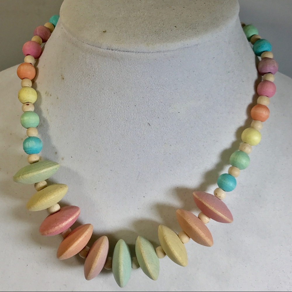Adorable Pastel Wooden Beaded 19” Necklace